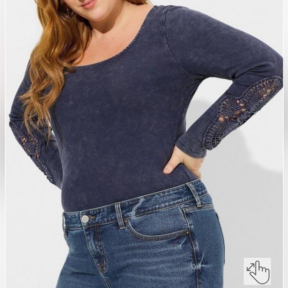 Torrid Cotton Modal Rib Scoop Neck Crochet Long Sleeve Top - Picture 1 of 9